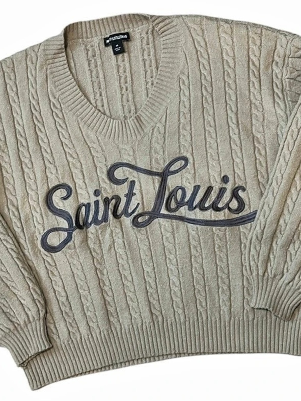 PrettyLittleThing Saint Louis Cable Knit Varsity Sweater Oatmeal Tan Size XS